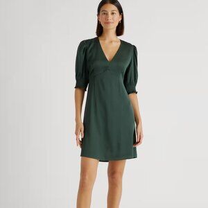 Washable Stretch Silk Puff Sleeve Mini Dress in Forest Green